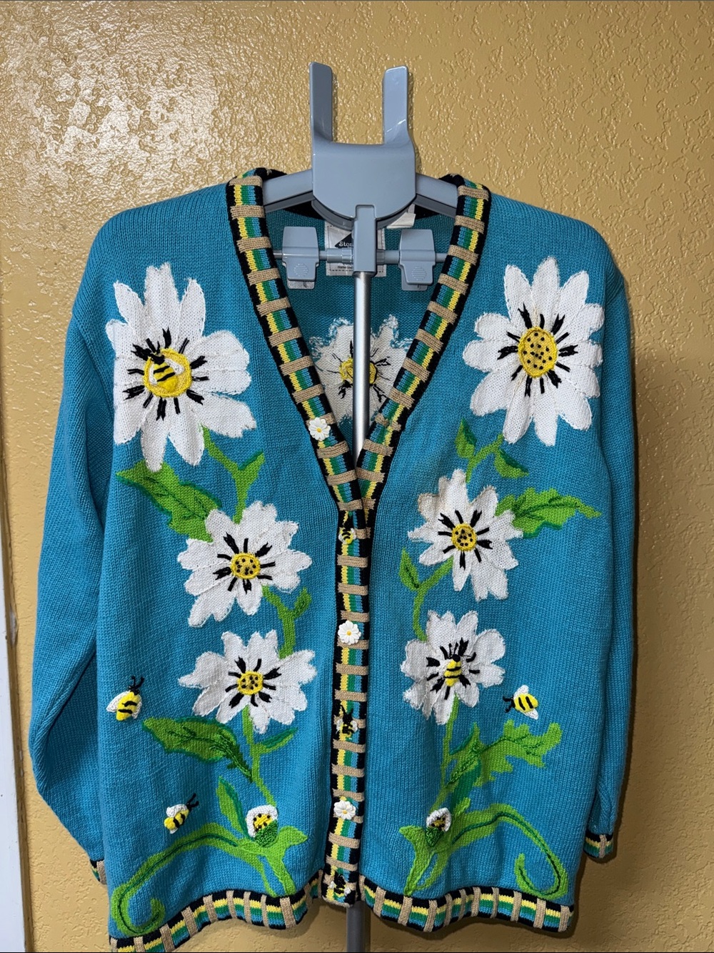 Storybook Knits Teal Floral Daisy Embroidered Cardigan with Bee Accents